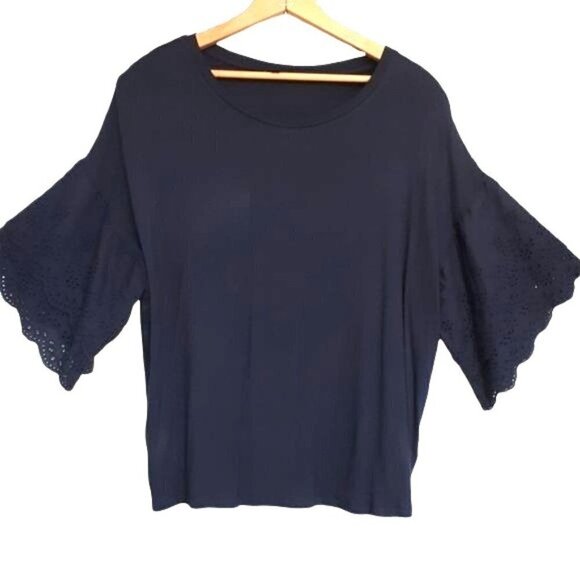 George Navy Blue Eyelet Lace Flutter Sleeve Shirt Women's Size L - Picture 1 of 7